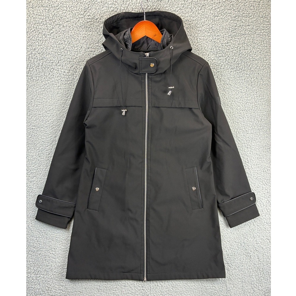 Lauren Ralph Lauren Hooded Rain Parka Coat Womens M Black Contrast Trim